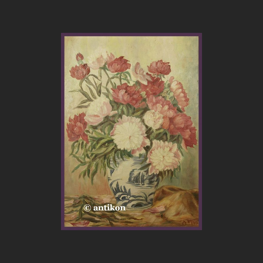 MARTWA NATURA PIWONIE W WAZONIE ORYGINALNY OBRAZ OLEJNY SYG.