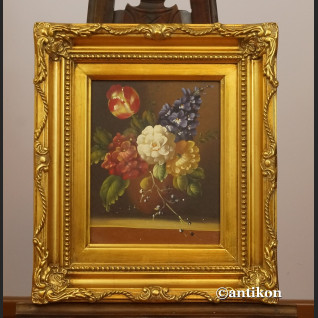 Miniatury z kwiatami w złotej ramie para obrazów 