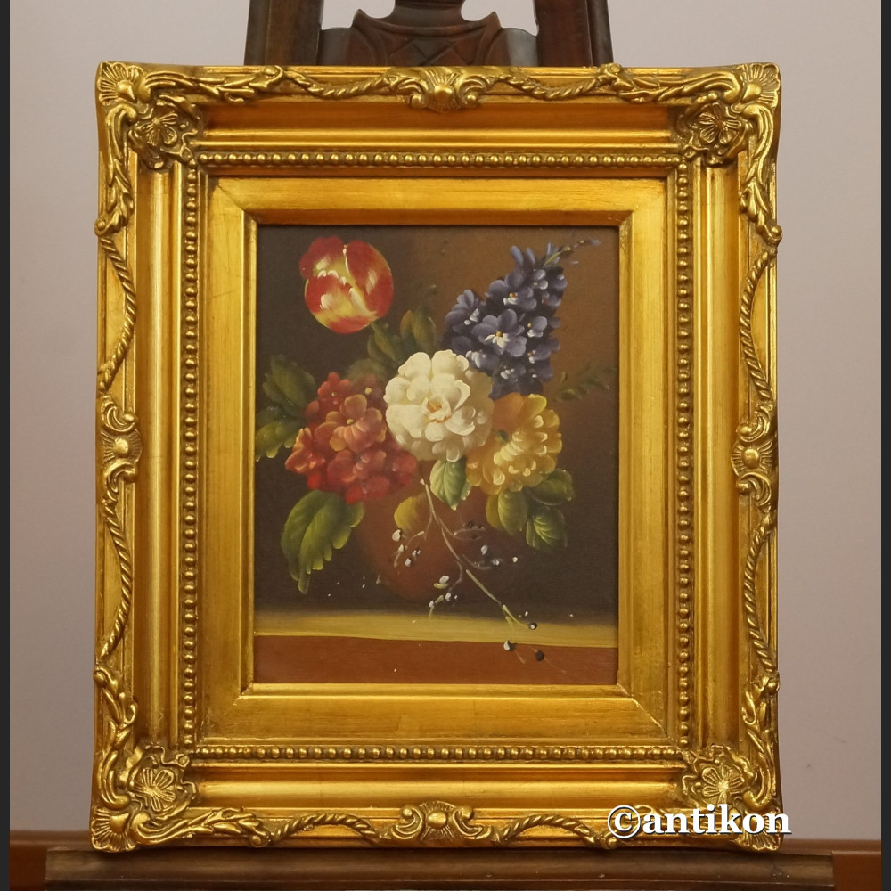 Miniatury z kwiatami w złotej ramie para obrazów 