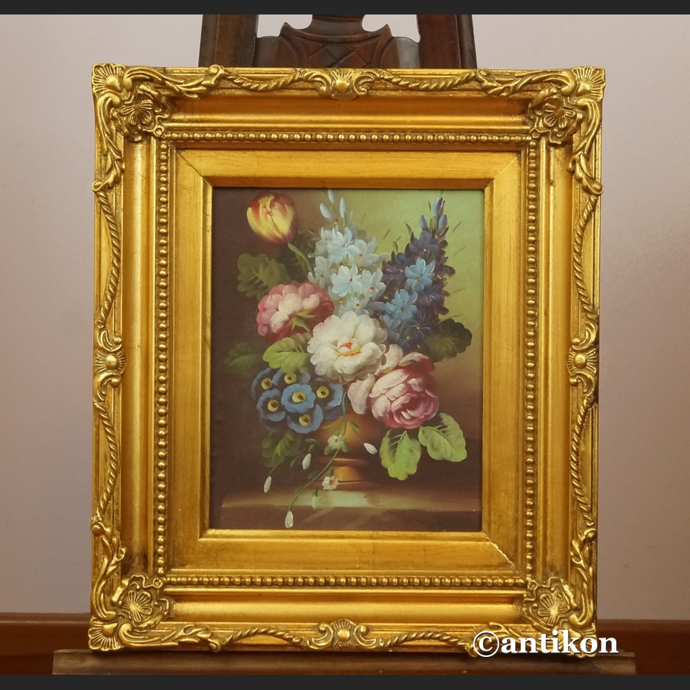 Miniatury z kwiatami w złotej ramie para obrazów 