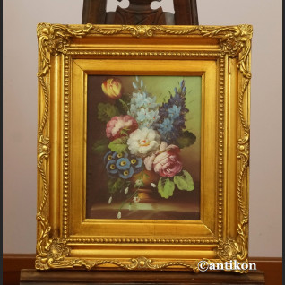 Miniatury z kwiatami w złotej ramie para obrazów 