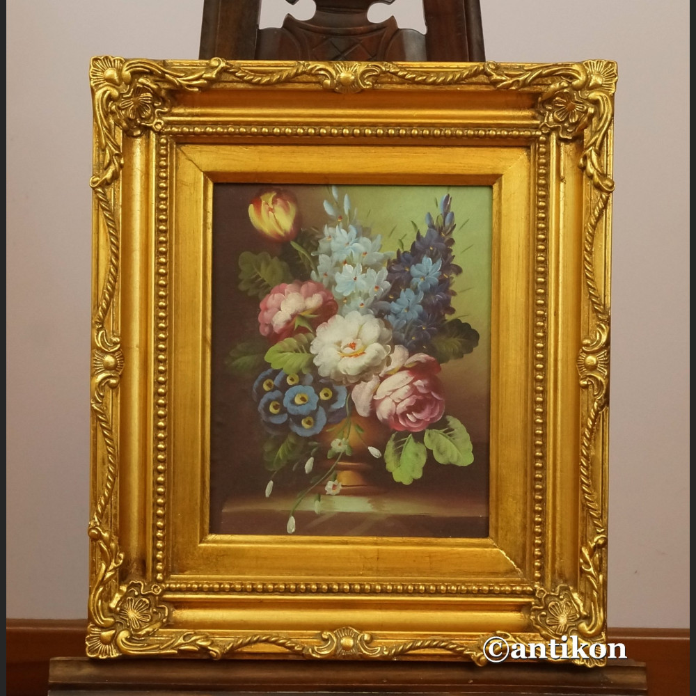 Miniatury z kwiatami w złotej ramie para obrazów 