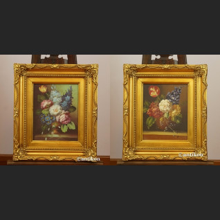 Miniatury z kwiatami w złotej ramie para obrazów 