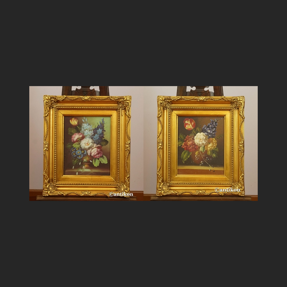 Miniatury z kwiatami w złotej ramie para obrazów 