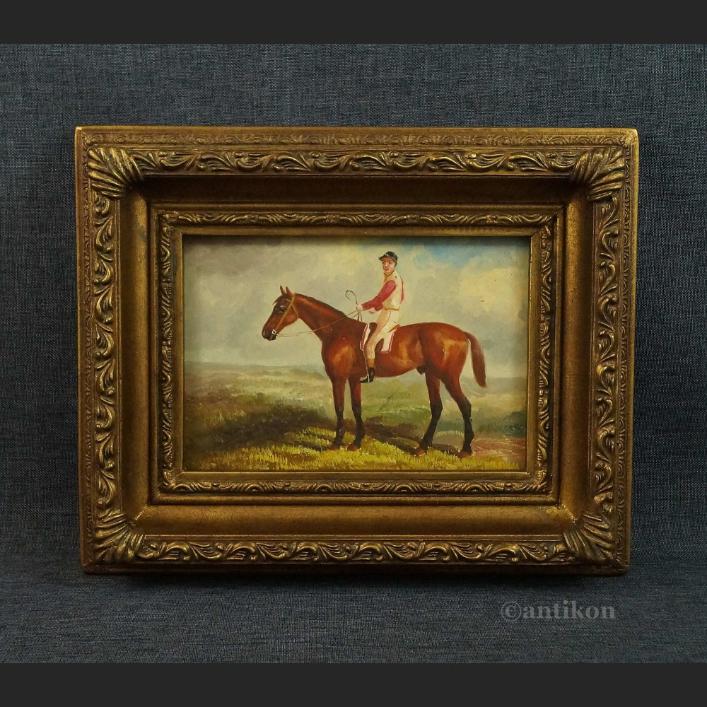 Jeździec na koniu obraz miniatura olejna 