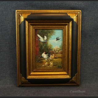 Obraz wiejska sielanka z kurami  olejny w ramie 