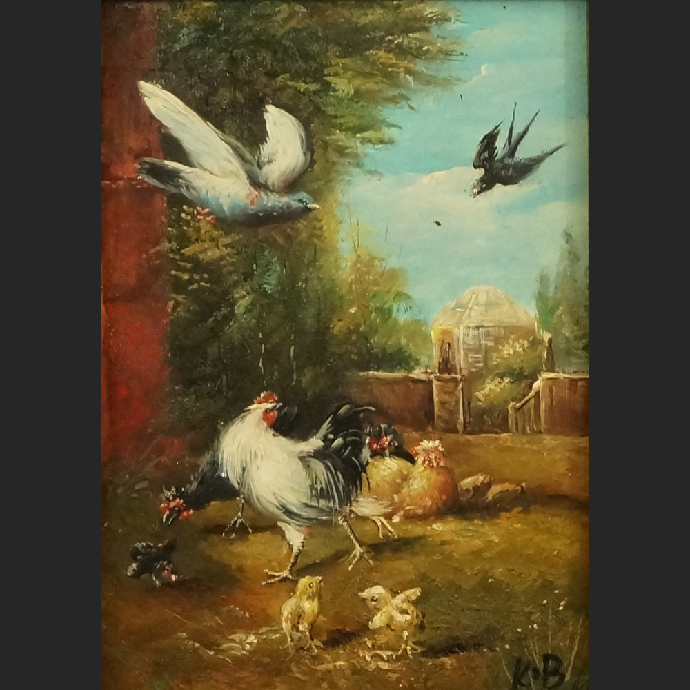 Obraz wiejska sielanka z kurami olejny w ramie Obraz wiejska sielanka z kurami olejny w ramie