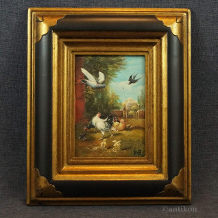 Obraz wiejska sielanka z kurami olejny w ramie Obraz wiejska sielanka z kurami olejny w ramie