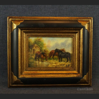 Konie obraz olejny w złotej ramie  Konie obraz olejny w złotej ramie