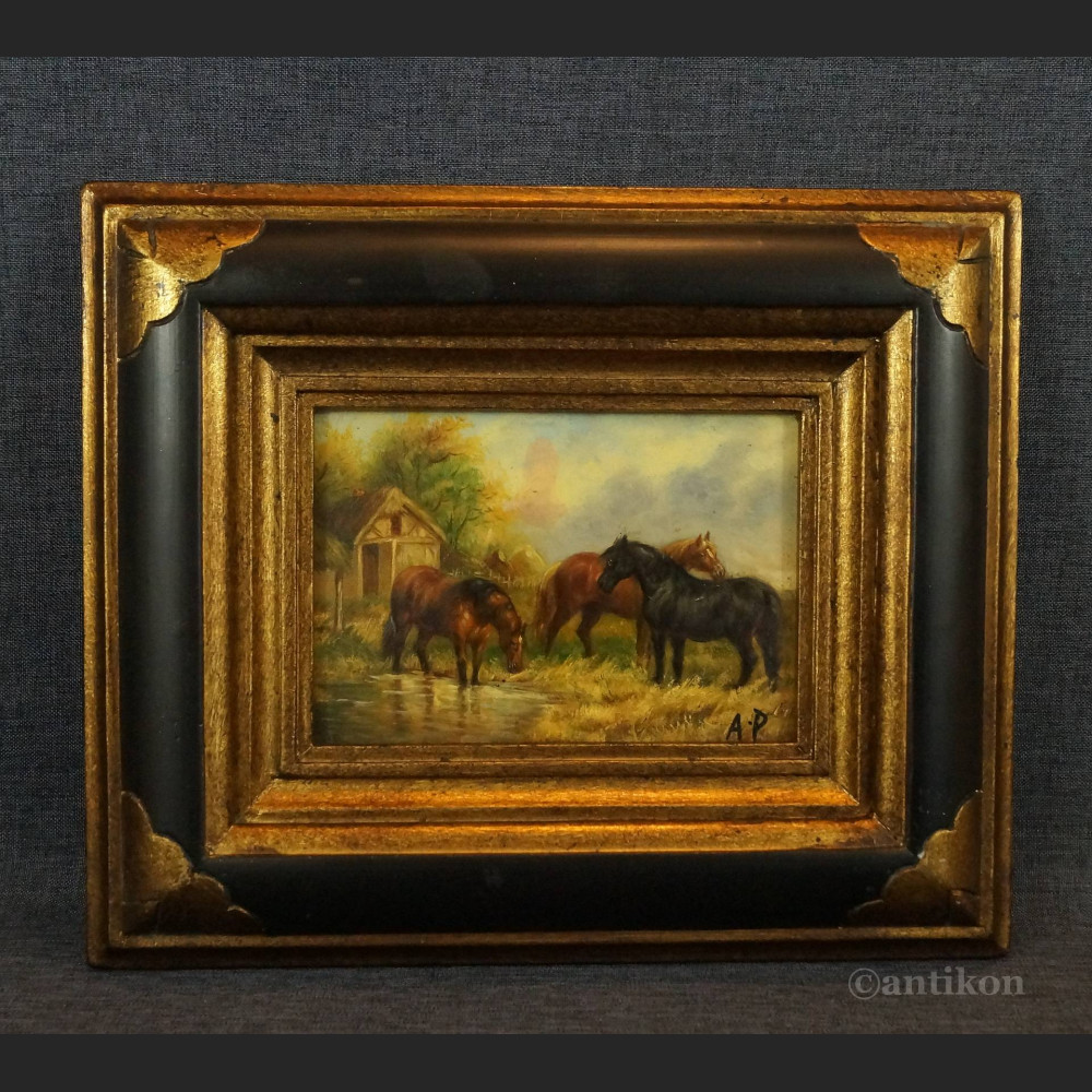 Konie obraz olejny w złotej ramie  Konie obraz olejny w złotej ramie