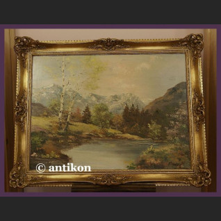 OGROMNY STARY OLEJ NA DESCE ŚLICZNY PEJZAŻ Z BRZOZAMI SYG.