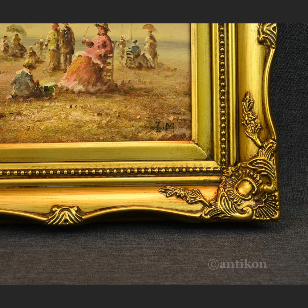 Obraz ludzie na plaży impresja w złotej ramie  Obraz ludzie na plaży impresja w złotej ramie