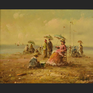 Obraz ludzie na plaży impresja w złotej ramie  Obraz ludzie na plaży impresja w złotej ramie