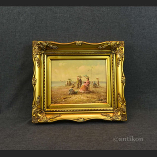 Obraz ludzie na plaży impresja w złotej ramie  Obraz ludzie na plaży impresja w złotej ramie