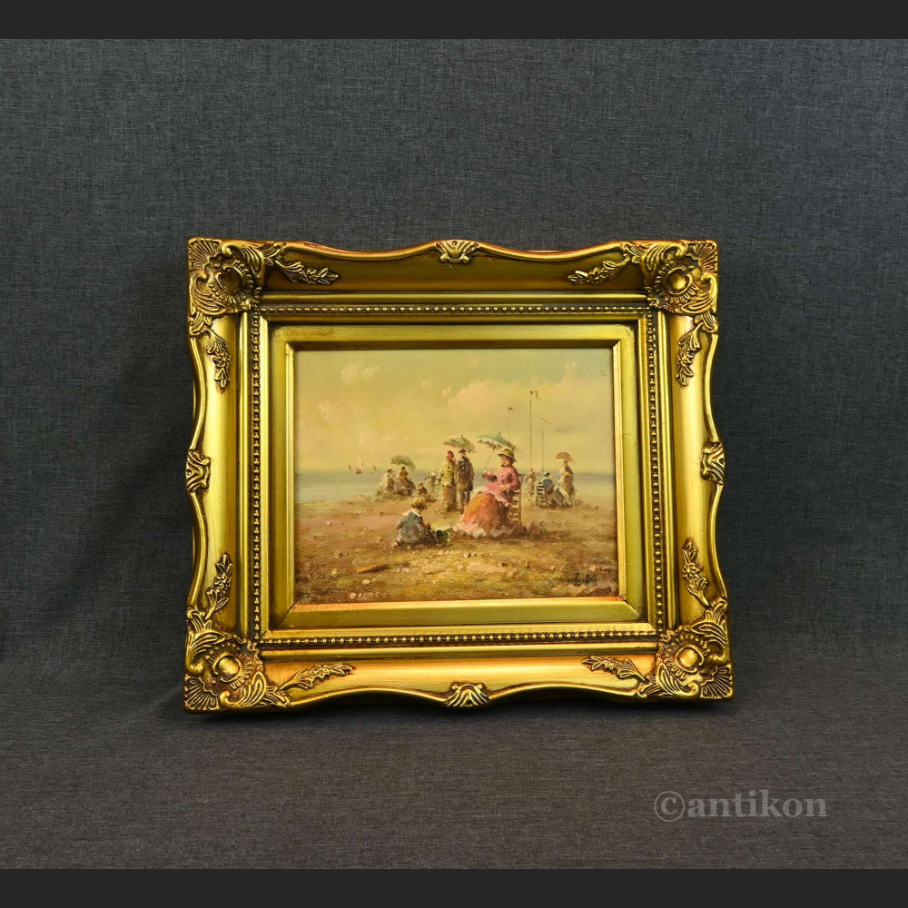 Obraz ludzie na plaży impresja w złotej ramie  Obraz ludzie na plaży impresja w złotej ramie