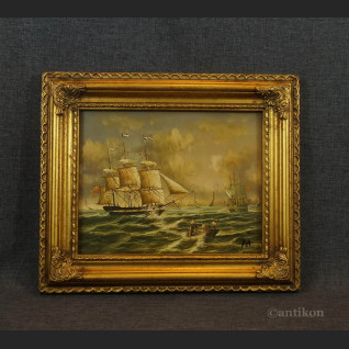 Obraz żaglowiec na morzu miniatura olejna 