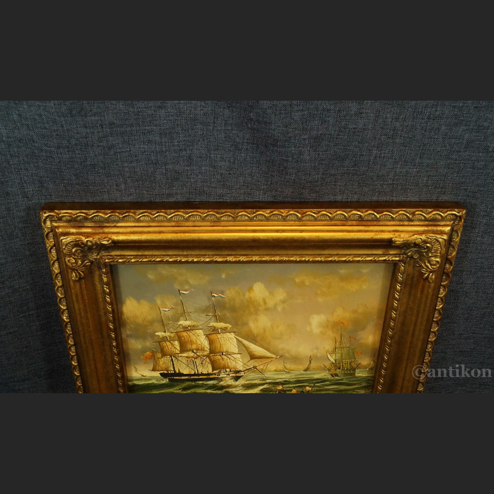 Obraz żaglowiec na morzu miniatura olejna 