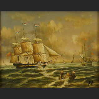 Obraz żaglowiec na morzu miniatura olejna 