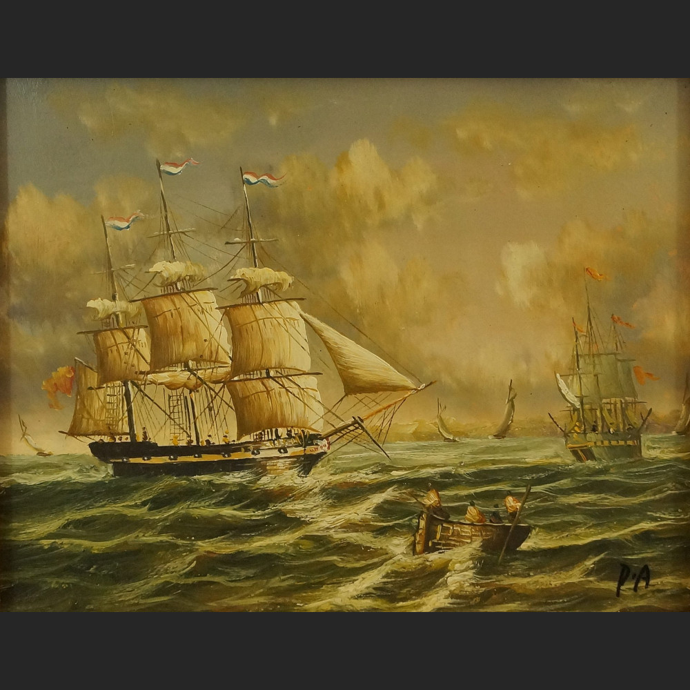 Obraz żaglowiec na morzu miniatura olejna 