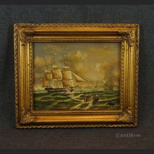 Obraz żaglowiec na morzu miniatura olejna 