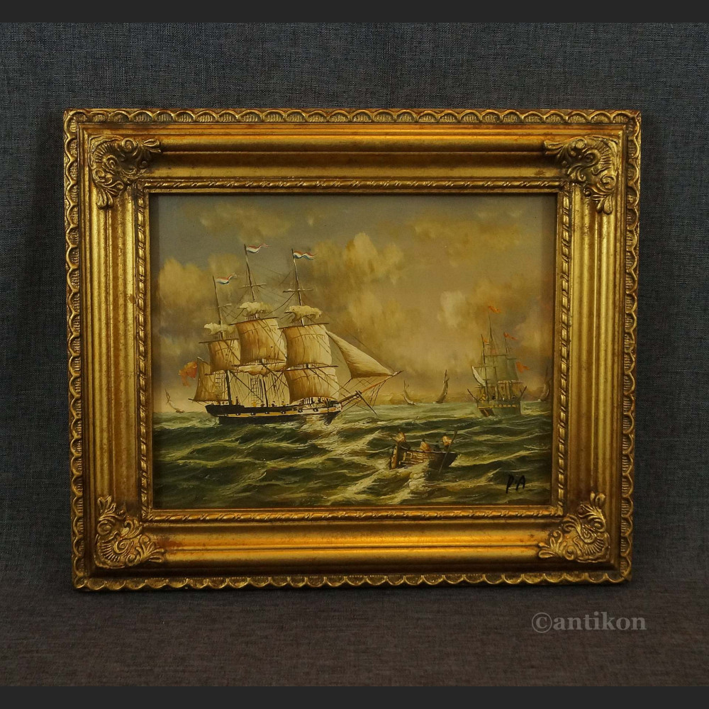 Obraz żaglowiec na morzu miniatura olejna 