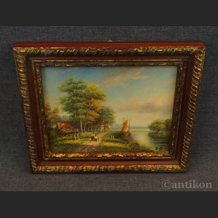 Pejzaż wiejski miniatura olejna na desce Pejzaż wiejski miniatura olejna na desce