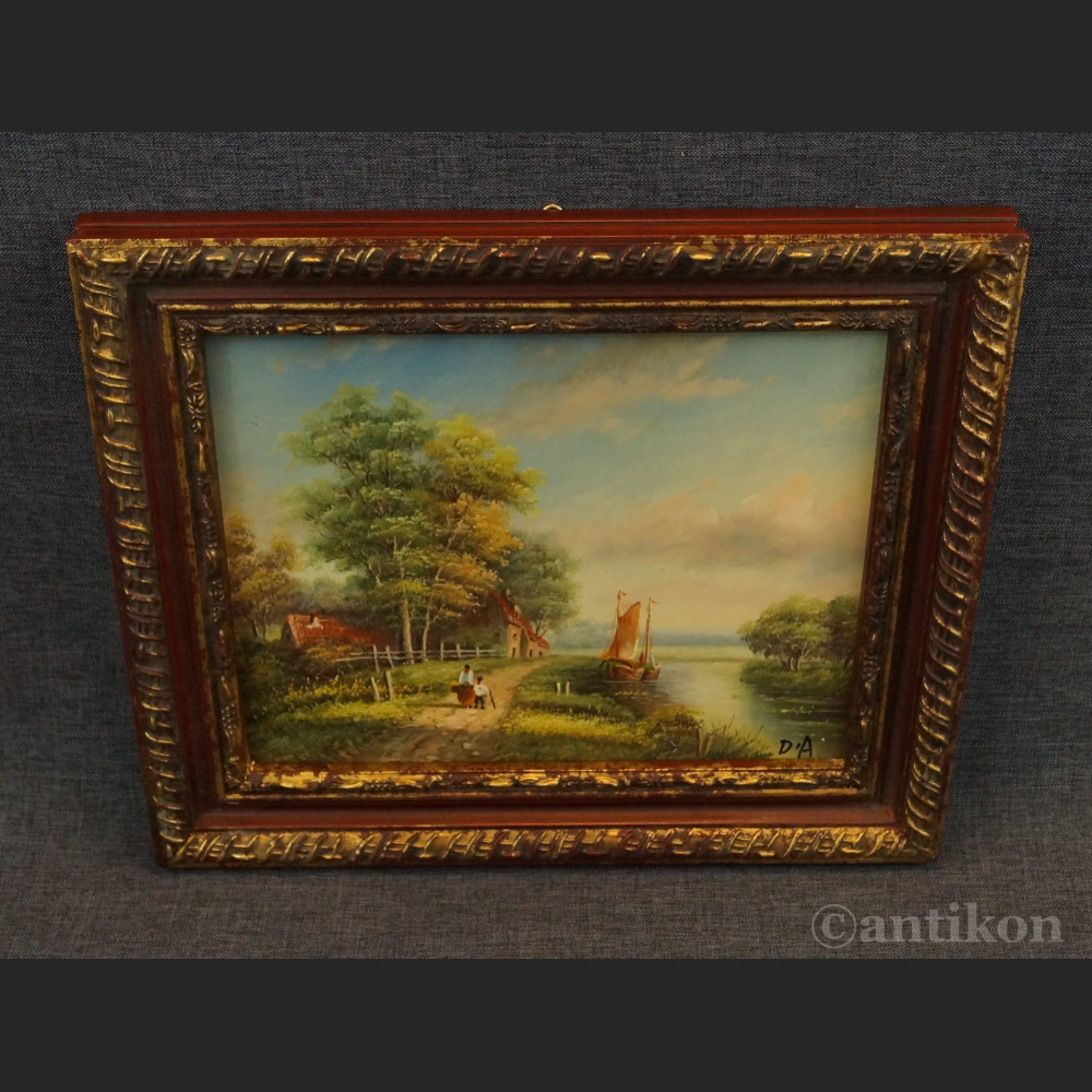 Pejzaż wiejski miniatura olejna na desce Pejzaż wiejski miniatura olejna na desce