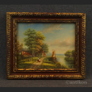 Pejzaż wiejski miniatura olejna na desce Pejzaż wiejski miniatura olejna na desce