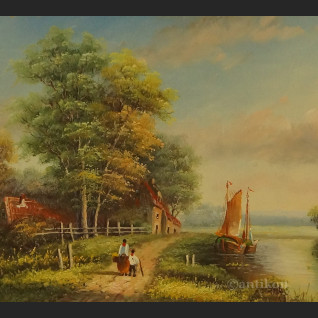 Pejzaż wiejski miniatura olejna na desce Pejzaż wiejski miniatura olejna na desce