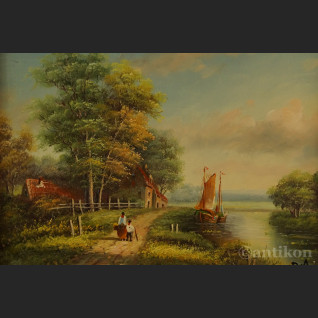 Pejzaż wiejski miniatura olejna na desce Pejzaż wiejski miniatura olejna na desce