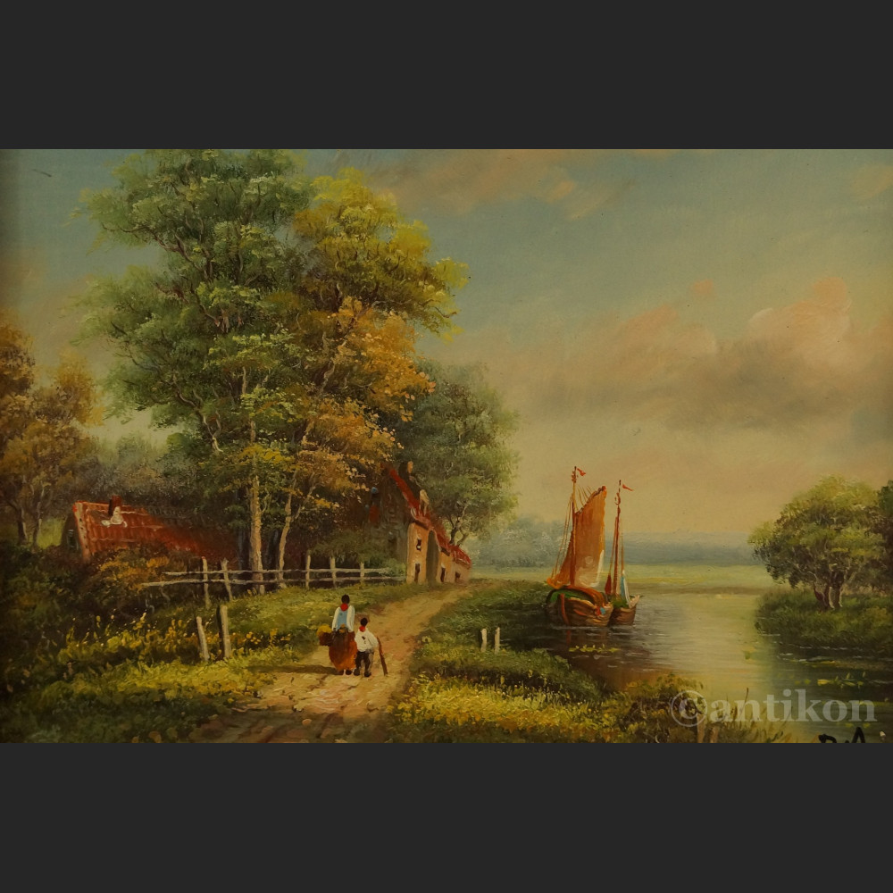 Pejzaż wiejski miniatura olejna na desce Pejzaż wiejski miniatura olejna na desce