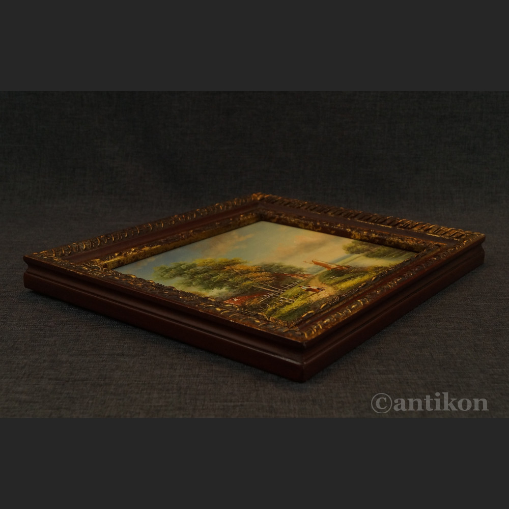 Pejzaż wiejski miniatura olejna na desce Pejzaż wiejski miniatura olejna na desce