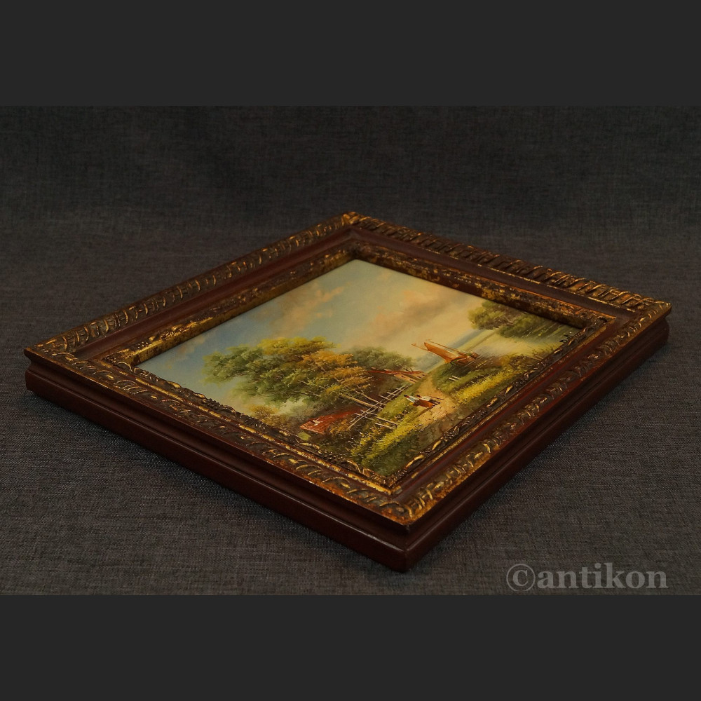 Pejzaż wiejski miniatura olejna na desce Pejzaż wiejski miniatura olejna na desce