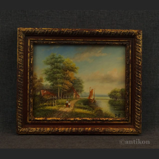 Pejzaż wiejski miniatura olejna na desce Pejzaż wiejski miniatura olejna na desce