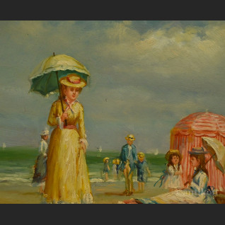 Obraz piknik na plaży olejny w złotej ramie  Obraz piknik na plaży olejny w złotej ramie