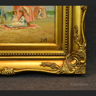 Obraz piknik na plaży olejny w złotej ramie  Obraz piknik na plaży olejny w złotej ramie