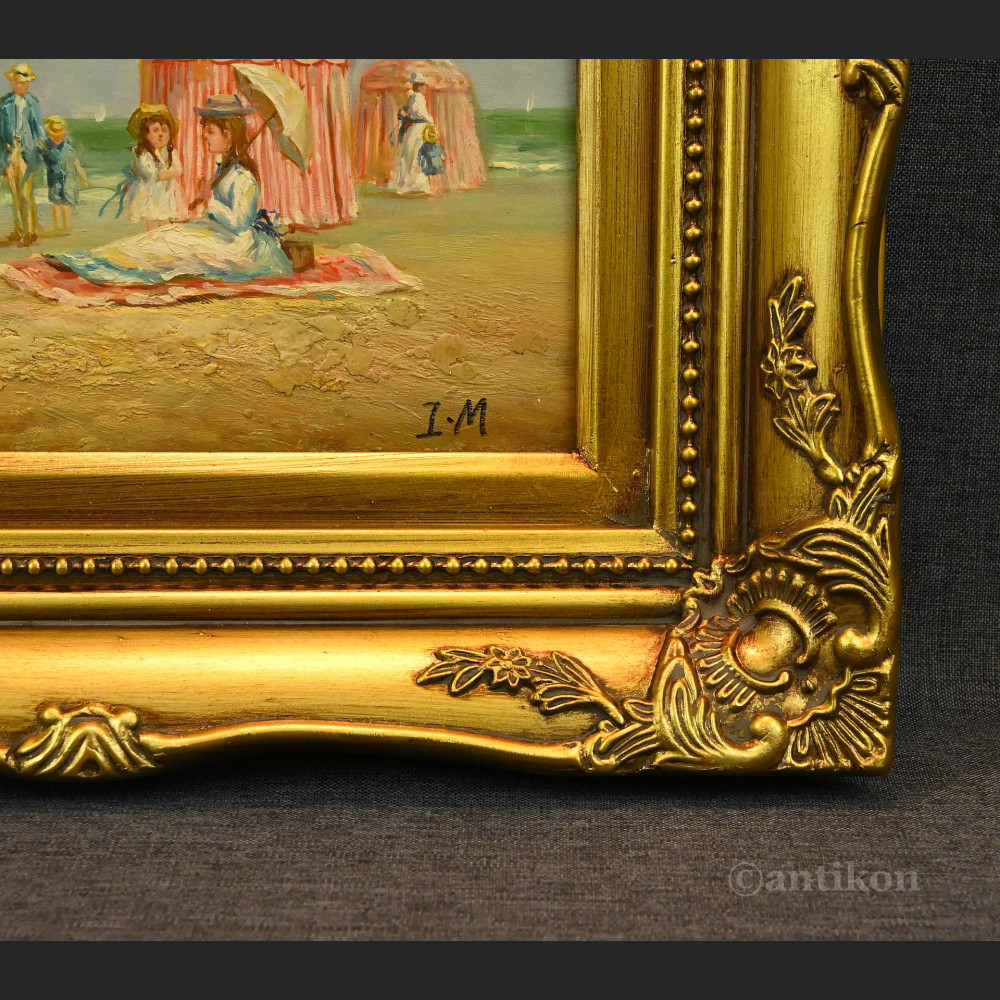 Obraz piknik na plaży olejny w złotej ramie  Obraz piknik na plaży olejny w złotej ramie