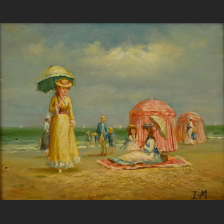 Obraz piknik na plaży olejny w złotej ramie  Obraz piknik na plaży olejny w złotej ramie