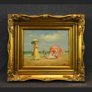 Obraz piknik na plaży olejny w złotej ramie  Obraz piknik na plaży olejny w złotej ramie