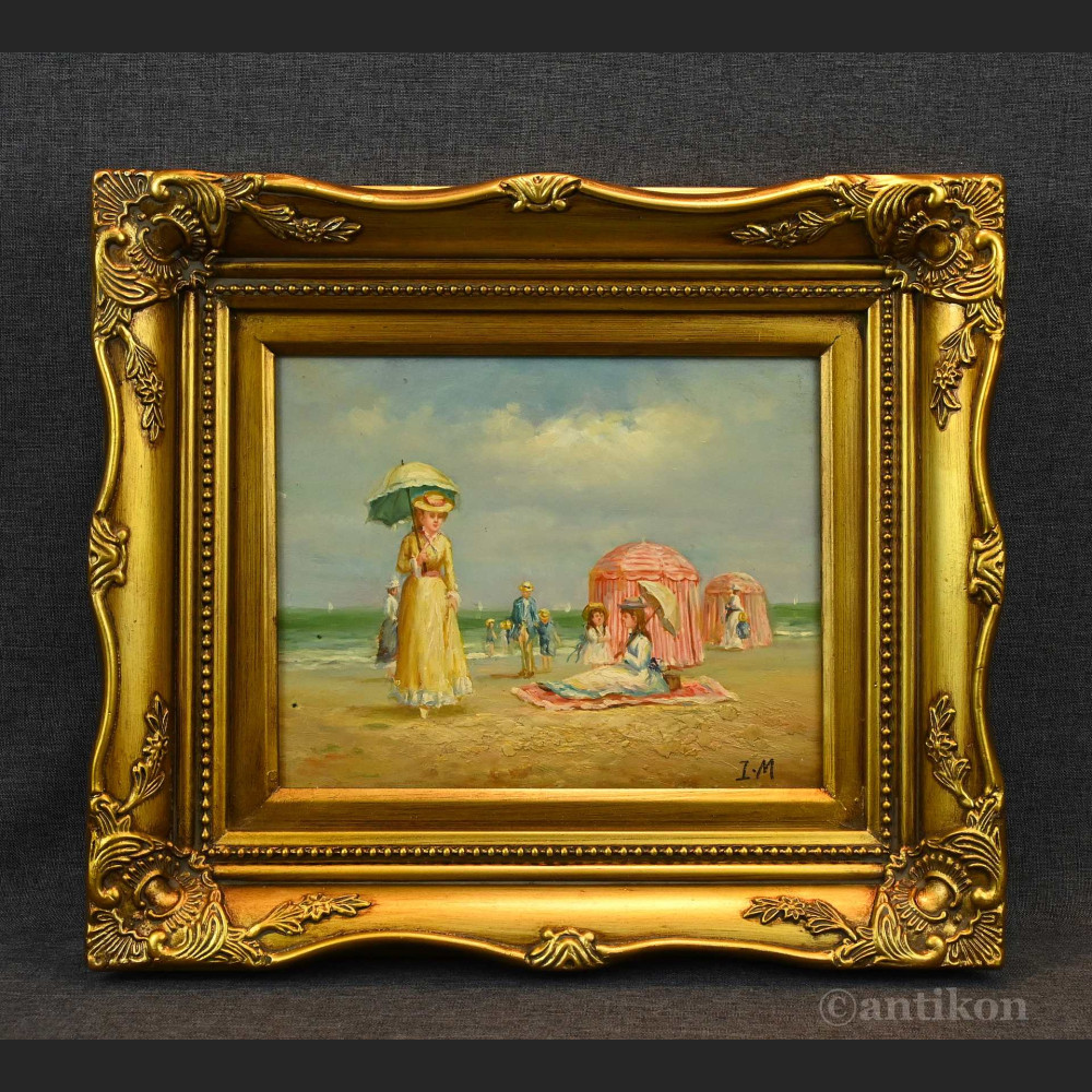 Obraz piknik na plaży olejny w złotej ramie  Obraz piknik na plaży olejny w złotej ramie