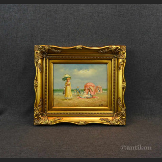 Obraz piknik na plaży olejny w złotej ramie  Obraz piknik na plaży olejny w złotej ramie