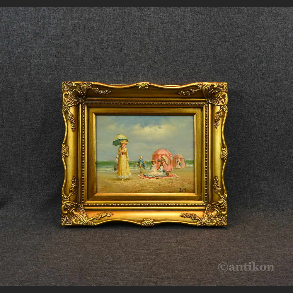 Obraz piknik na plaży olejny w złotej ramie  Obraz piknik na plaży olejny w złotej ramie