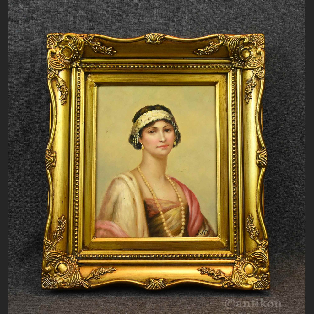 Portret kobiety z perłami obraz Art deco 