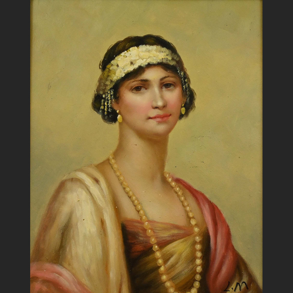 Portret kobiety z perłami obraz Art deco 