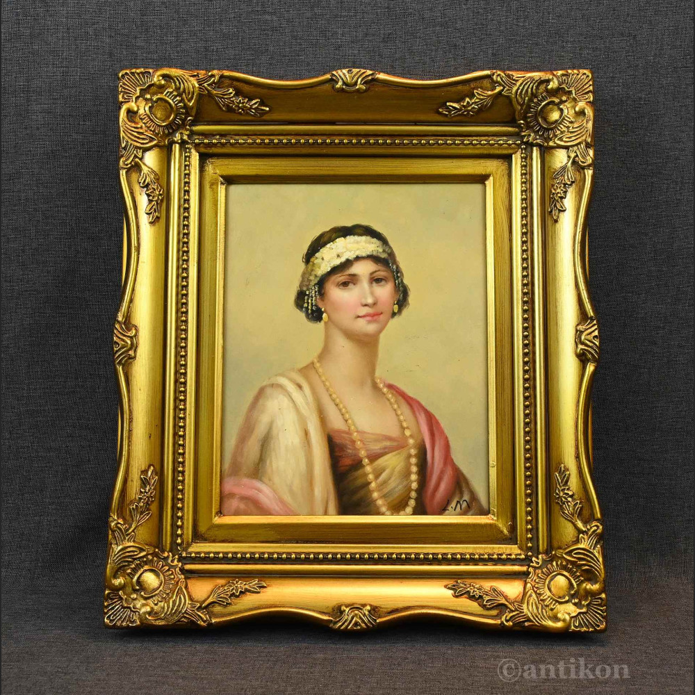 Portret kobiety z perłami obraz Art deco 