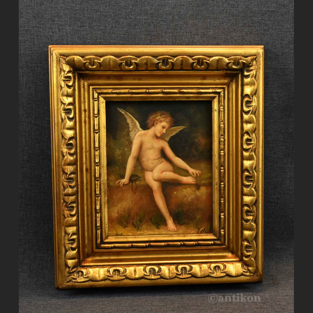 Obraz aniołek kupidyn olejny w złotej ramie Obraz aniołek kupidyn olejny w złotej ramie