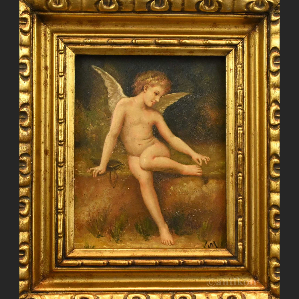 Obraz aniołek kupidyn olejny w złotej ramie Obraz aniołek kupidyn olejny w złotej ramie