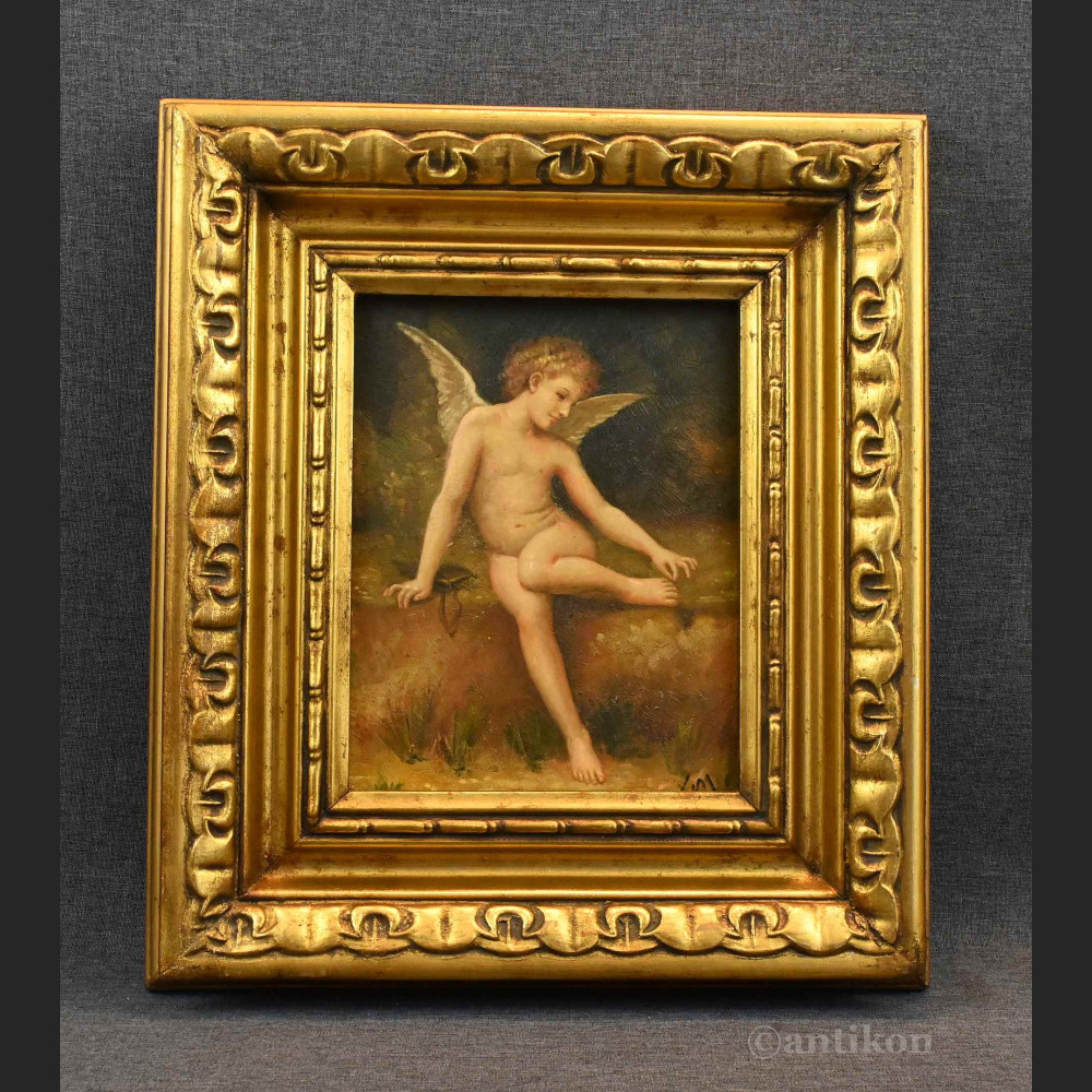 Obraz aniołek kupidyn olejny w złotej ramie 