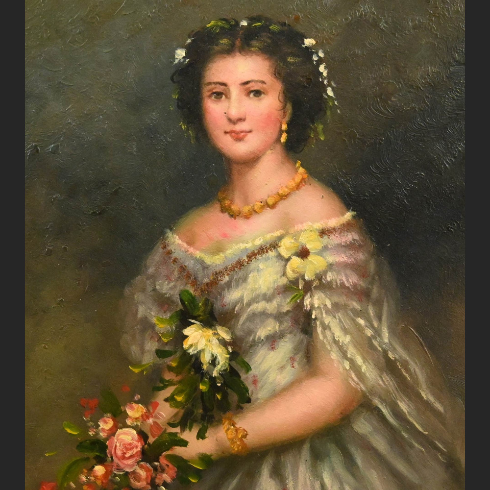 Dama z różami olej na desce 