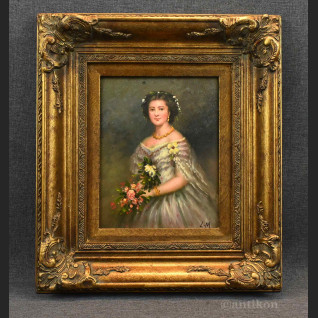 Dama z różami olej na desce 